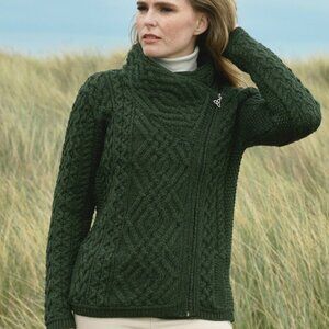 Aran Crafts 100% Merino Wool Green Cable Knit Side Zip Jacket Women's M